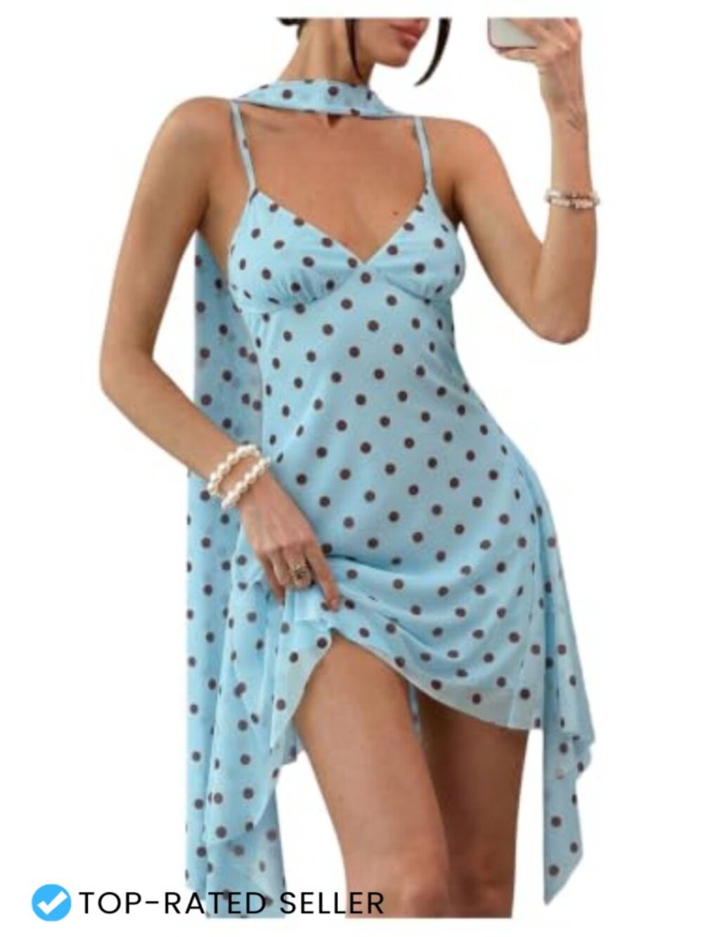 Floerns Women V Neck Spaghetti Strap Ruffle Mini A Line Dress with Scarf